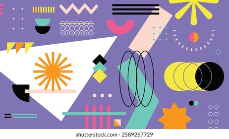 Trendy geometric abstract background with colorful elements, modern lines, and futuristic symbols. Aesthetic Memphis style digital background, ideal for posters, web design, and creative visuals.