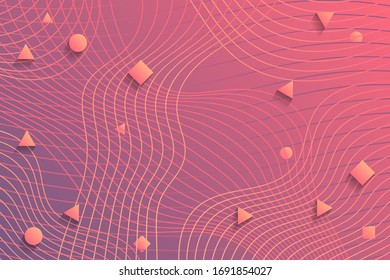 Trendy geometric abstract background design in vintage purple, pink and orange colors. Triangles, circles and squares, wavy lines and color gradients. Vector illustration.