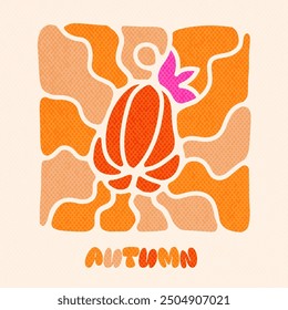 Carte de voeux Trendy Geometric Autumn Retro saison dans le style Orange Art 50s. Image vectorielle Wavy Trippy Motif avec citrouille pour la Bannière, Affiche, Couverture. Formes plates simples Sun Rays avec texture Vintage