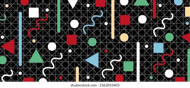 Trendy Geometric background with circles, lines and triangle on black backdrop. Avant-garde Background with Geomentrical shapes. Vector illustration. Contemporary wallpaper in y2k retro style.