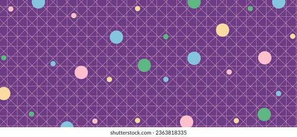 Trendy Geometric background with circles on purple backdrop. Abstract Avant-garde Background with Geomentrical shapes. Vector illustration. Contemporary wallpaper in y2k retro style.