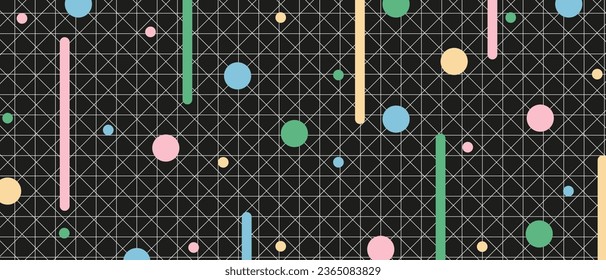 Trendy Geometric background with circles on black backdrop. Avant-garde Background with Geomentrical shapes. Vector illustration. Contemporary wallpaper in y2k retro style.