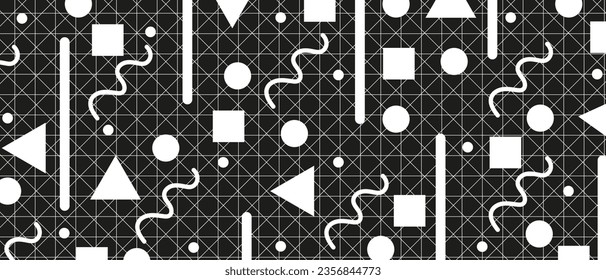 Trendy Geometric background with circles, square, triangle on black backdrop. Halftone Avant-garde Background with Geomentrical shapes. Vector illustration. Contemporary wallpaper in y2k retro style.