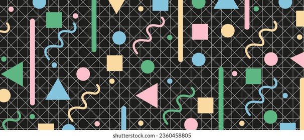 Trendy Geometric background with circles, square, triangle on black backdrop. Abstract Avant-garde Background with Geomentrical shapes. Vector illustration. Contemporary wallpaper in y2k retro style.