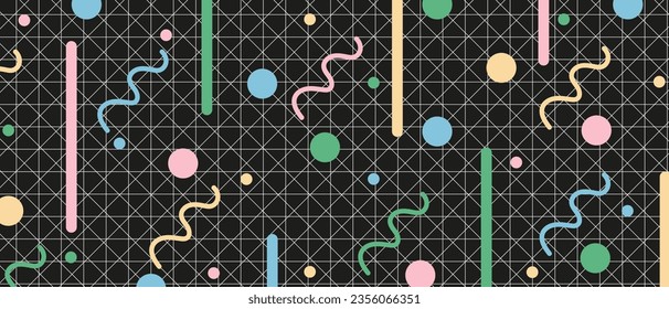 Trendy Geometric background with circles, waves and line on black backdrop. Avant-garde Background with Geomentrical shapes. Vector illustration. Contemporary wallpaper in y2k retro style.