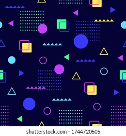 Trendy geometric background memphis seamless pattern. Abstract modern pattern with blue pink circle yellow triangle square green dots colorful geometric retro vector design decorative memphis seamless