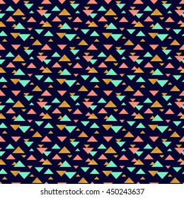 Trendy geometric background with triangles. Vector seamless pattern in dark blue, pink, turquoise and gold colors.