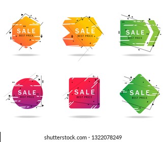 Trendy geometric banners set isolated on white background. Gradient sale banner for text box shapes,design template, circle label, sticker,badge and arrow ribbon. Modern creative title banners, vector