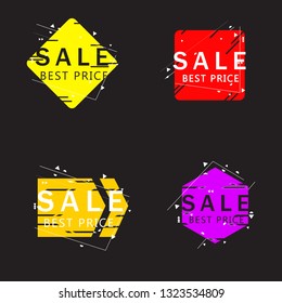 Trendy geometric banners set isolated on black background. Sale banner for text box shapes, design template, circle label, sticker, badge and arrow ribbon. Modern creative title banners, vector
