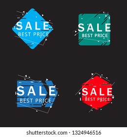 Trendy geometric banners set isolated on black background. Sale banner for text box shapes, design template, circle label, sticker, badge and arrow ribbon. Modern creative title banners, vector