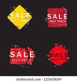 Trendy geometric banners set isolated on black background. Sale banner for text box shapes, design template, circle label, sticker, badge and arrow ribbon. Modern creative title banners, vector