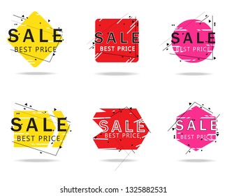 Trendy geometric banners set isolated on white background. Sale banner for text box shapes, design template, circle label, sticker, badge and arrow ribbon. Modern creative title banners, vector