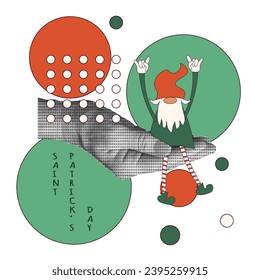 
Trendy Geometric Bauhaus Saint Patrick's Day design. Template greeting Card with nostalgic Halftone hand. Vector illustration isolated transparent background can used web banner, poster, print