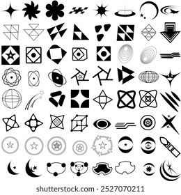 Elementos Y2k de brutalismo geométrico de moda Conjunto para camiseta y diseño de logotipo. Contiene Elementos futuristas retro y brillo.