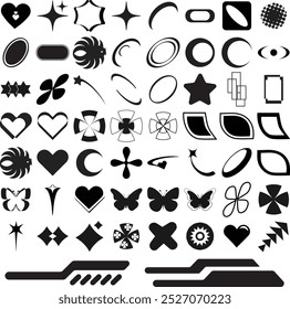 Trendy geometric brutalism Y2k elements Set for T-Shirt and logo design. Contains Retro futuristic elements and sparkle.