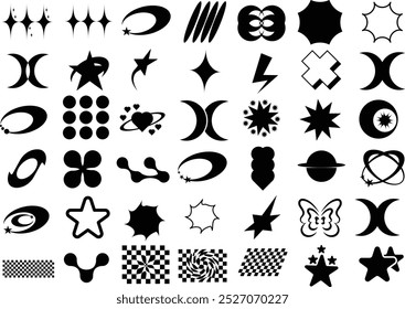 Trendy geometric brutalism Y2k elements Set for T-Shirt and logo design. Contains Retro futuristic elements and sparkle.