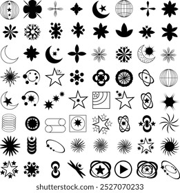 Trendy geometric brutalism Y2k elements Set for T-Shirt and logo design. Contains Retro futuristic elements and sparkle.