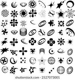 Trendy geometric brutalism Y2k elements Set for T-Shirt and logo design. Contains Retro futuristic elements and sparkle. 