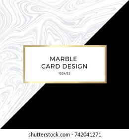 Trendy geometric card or flyer design wiht contrast shapes, marble texture, gold frame and space for text. Vector illustration.