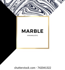Trendy geometric card or flyer design wiht contrast shapes, marble texture, gold frame and space for text. Vector illustration.