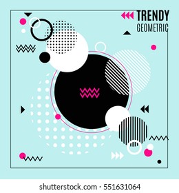 Trendy geometric composition with dotted and hatching circles waves and arrows in flat style vector illustration