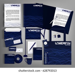 Trendy geometric corporate identity template design with a glowing grid. Modern abstract business set stationery.