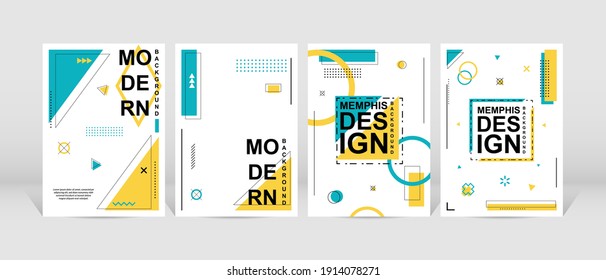 Trendy Geometric Design. Cool Memphis Poster Background. Set Of Trendy Memphis Design. Colorful Geometric Background. Applicable For Flyer, Brochure, Cover, Magazine, Book, Banner.