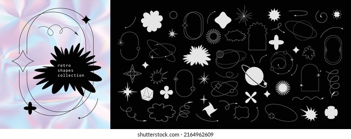 Trendy Geometric Design Elements. Simple Shapes Forms And Frames Inspired Brutalism, Abstract Bauhaus And Boho Cosmic Style. Universal Star And Flower Shape, Basic Form. Vector Illustration