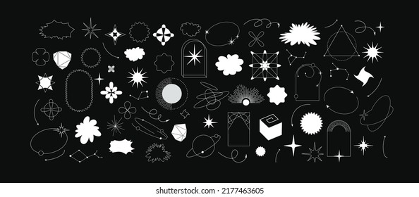 Trendy geometric design elements. Simple shapes forms and frames inspired brutalism, abstract bauhaus and boho cosmic style. Universal star and flower shape, basic form. Vector illustration