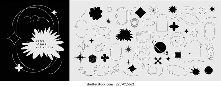 Trendy geometric design elements. Simple shapes forms and frames inspired brutalism, abstract bauhaus and boho cosmic style. Universal star and flower shape, basic form