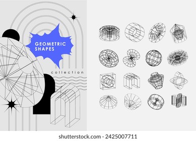 Trendy geometric design elements. Simple shapes forms and frames inspired brutalism, abstract bauhaus and boho cosmic style. Universal star and flower shape, basic form