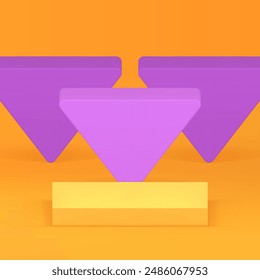 Pantalla geométrica de moda pedestal de podio 3d para mostrar Ilustración vectorial realista. Escaparate cuadrado brillante amarillo con el fondo de pared triángulo púrpura del soporte de exposición para la presentación del producto