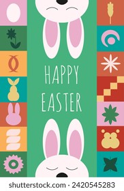 Trendy Geometric Easter greeting card design. Easter holiday Poster in trendy Geometrical style with cartoon bunny. Vector illustration can used web banner and social media poster. EPS 10