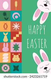 Trendy Geometric Easter greeting card design. Easter holiday Poster in trendy Geometrical style with cartoon bunny. Vector illustration can used web banner and social media poster. EPS 10