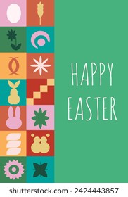 Trendy Geometric Easter greeting card design. Easter holiday Poster in trendy Geometrical style with cartoon bunny. Vector illustration can used web banner and social media poster. EPS 10