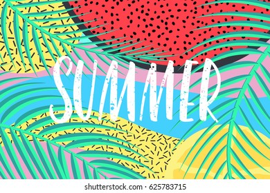 Trendy geometric element card. Hello Summer vector illustration, vector background.  Calligraphy banner with tropical green leaves. Use for posters, flyers, postcards, banner designs. Watermelon lemon
