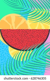 Trendy geometric element card. Hello Summer vector illustration, vector background.  Calligraphy banner with tropical green leaves. Use for posters, flyers, postcards, banner designs. Watermelon lemon