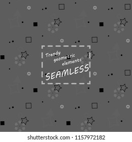 Trendy geometric elements card. Seamless memphis pattern for tissue and postcards. Hipster poster, black and gray color background. Vector illustration EPS10