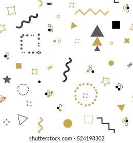 Tarjeta de elementos geométricos de moda. Patrón de memphis impecable para el tejido y las postales. Cartel de hipster, fondo negro y dorado. Ilustración del vector