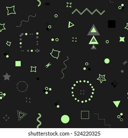 Trendy geometric elements card. Seamless memphis pattern for tissue and postcards. Hipster poster, black and green color background. Vector illustration