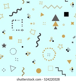 Trendy geometric elements card. Seamless memphis pattern for tissue and postcards. Hipster poster, black and golden color background. Vector illustration