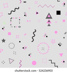 Trendy geometric elements card. Seamless memphis pattern for tissue and postcards. Hipster poster, pastel pink and blue color background. Vector illustration