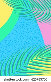 Trendy geometric elements cards. Hello Summer vector illustration, vector background.  Calligraphy banner with tropical green leaves.  Use for posters, covers, flyers, postcards, banner designs