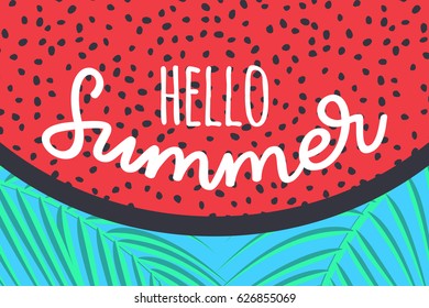 Trendy geometric elements cards. Hello Summer vector illustration, vector background.  Calligraphy banner with tropical green leaves.  Use for posters, covers, flyers, postcards, banner designs