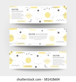 Trendy geometric elements memphis banner. Pattern for tissue and postcards. Spring poster, black and yellow color background. Vector illustration
