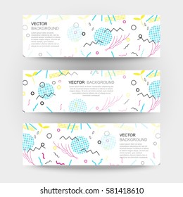 Trendy geometric elements memphis banner. Pattern for tissue and postcards. Spring poster, blue and pink color background. Vector illustration