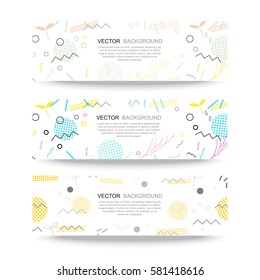 Trendy geometric elements memphis banner. Pattern for tissue and postcards. Spring poster, blue and pink color background. Vector illustration