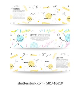 Trendy geometric elements memphis banner. Pattern for tissue and postcards. Spring poster, black and yellow color background. Vector illustration