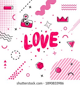 Elementos geométricos de moda, tarjeta memphis. Patrón de memphis sin inconfundibles para la celebración del Día de San Valentín Feliz con símbolos navideños al estilo memphis retro de los 80, 90. Ilustración del vector