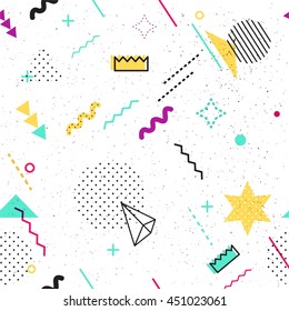 Moda elementos geométricos cartão memphis. Padrão de memphis sem costura para tecidos e cartões postais. Poster hipster, suculento, fundo de cor brilhante. Ilustração vetorial